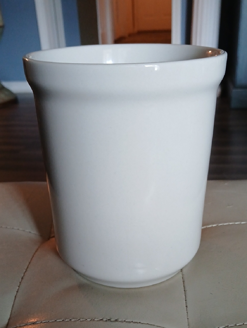 White Ceramic Crock Utensil Holder. 7 Inches Tall.  6 Inches Across.